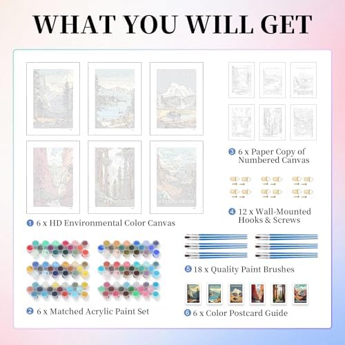 6 Pack Paint by Numbers Kit for Adults, National Parks Canvas Painting Set - Image 4