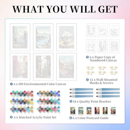 6 Pack Paint by Numbers Kit for Adults, National Parks Canvas Painting Set - Image 4