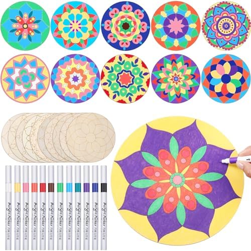 Vercraft 22 Pcs Wooden Mandala Painting Set 10 Cutouts 12 Markers, Classic by Vercraft