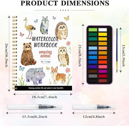 Watercolor Workbook - Water Color Coloring Book Set for Adults. 14 Land Animal Water Colors Book, 24 Color Watercolor Paint, 3 Brush Pens, 300g Watercolor Paper, Perfect Gifting for Beginners - Image 3
