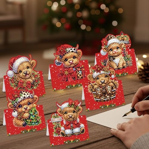jinglinhh 6pcs Diamond Art Painting Christmas Cow Yak Greeting Cards with Envelopes, DIY Card Making Kits for Adults, Diamond Art Christmas Cards for Birthday Holiday Postcards - Image 7