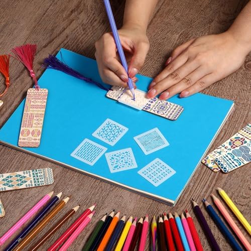 TaoBary 92 Pcs 4.8 x 1.3 Inch Geometry Wood Bookmark Making Kit Includes 36 Unfinished Blank Bookmarks 36 Tassels 20 Templates, Back to School DIY Painting Craft for Home Class Holiday Teachers Gift - Image 5