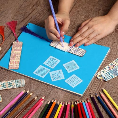 TaoBary 92 Pcs 4.8 x 1.3 Inch Geometry Wood Bookmark Making Kit Includes 36 Unfinished Blank Bookmarks 36 Tassels 20 Templates, Back to School DIY Painting Craft for Home Class Holiday Teachers Gift - Image 5