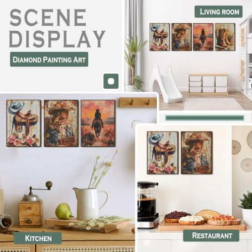 sdfkmlcdl Vintage Western Diamond Art Kits for Adults, Rustic Country Cowgirl Boots Horse Full Drill Diamond Painting Kits for Adults Beginners 4 Pack, Cowgirl Room Decor, 12x16 Inch - Image 2