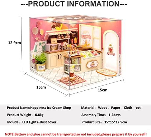 CUTEROOM DIY Miniature House Kit - Mini Craft Rooms for Adults with LED Lights, Realistic Mini Dollhouse Kit Building Model Kit, Creative Home Decor Gift- Ice Cream Shop - Image 2