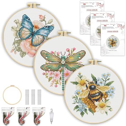 3 Pack Cross Stitch Kits for Beginners-Insects and Flowers,with Hoop 8x8in by TCDZMYGS