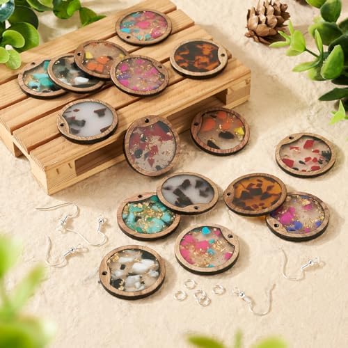 56Pcs Flat Round Resin Wooden Charm Earring Kit with Walnut Wood Statement Dangle Pendants Earring Hooks Jump Rings for Women DIY Crafts Jewelry Making Decoration - Image 5
