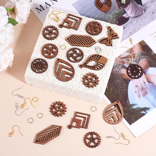 Elecrelive 11 Pairs Wooden Dangle Earring Kits Leaf Rhombus Butterfly Gear Wood Earring Pendants Natural Wooden Charms with Earring Hooks for Jewelry Craft Making - Image 6