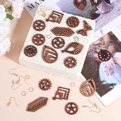 Elecrelive 11 Pairs Wooden Dangle Earring Kits Leaf Rhombus Butterfly Gear Wood Earring Pendants Natural Wooden Charms with Earring Hooks for Jewelry Craft Making - Image 6