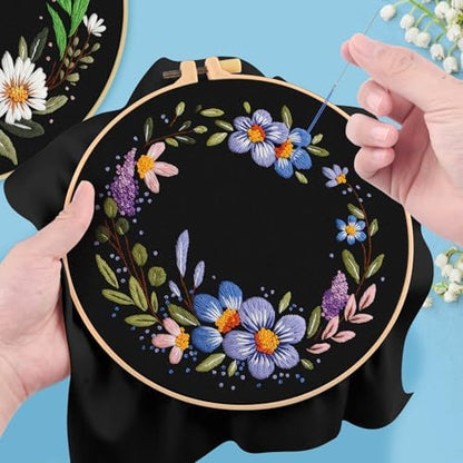 ERKOON 3 Sets Embroidery Kit, Floral Cross Stitch Set for Include Embroidery Cloth Hoops Threads for Craft Lover Hand Stitch (Garlands) - Image 5