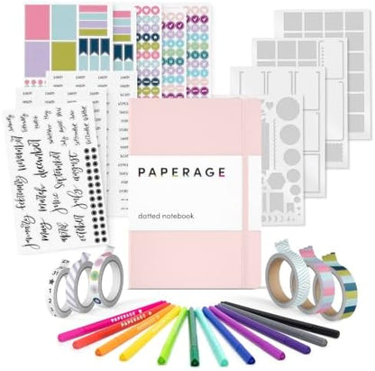 PAPERAGE Bullet Journal Kit, Dotted Journaling Set & Stationary Kit, Hardcover Dotted Journal Notebook (Blush), 12 fineliner Pens, 8 Sticker & 3 Stencil Sheets, 6 Washi Tapes by PAPERAGE