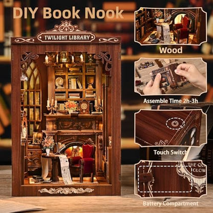 Book Nook Kit, 3D Wooden Puzzle DIY Booknook Tiny House Bookshelf Decor, Miniature House Kit for Adults and Teens, Holiday Craft Gift for Friends, Family(Library of Glimmers) - Image 2