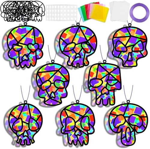 Lonfliness 32 Sets Sugar Skull Suncatchers Crafts Kit DIY Day of The Dead Window Stained Glass Effect Paper Halloween Dia de Los Muertos Easter Art Craft Creative Activity Project Gift Favor by Lonfliness