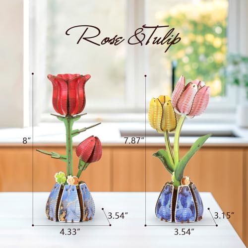 Jege 3D Flowers Wooden Puzzles for Adults,DIY Wooden 2 Flowers per Kit Building Set for Home Decor, Creative Craft Gift Toys Kits with 2 Perfume Bottles and Diffuser Sticks (Rose + Tulip) - Image 2
