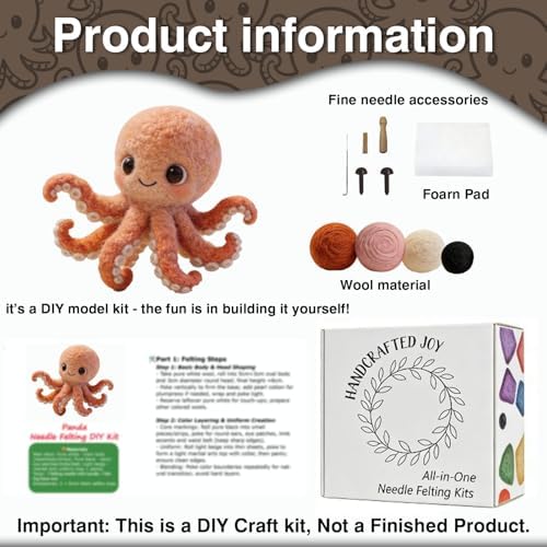 DIY Needle Felting Kit Cute Pink Octopus – Needle Felting Starter Kit with Fiber Roving, Needles, Felting Pad & Instructions | Felted Ocean Animal Kit for Beginners Adults | DIY Craft Gift - Image 3