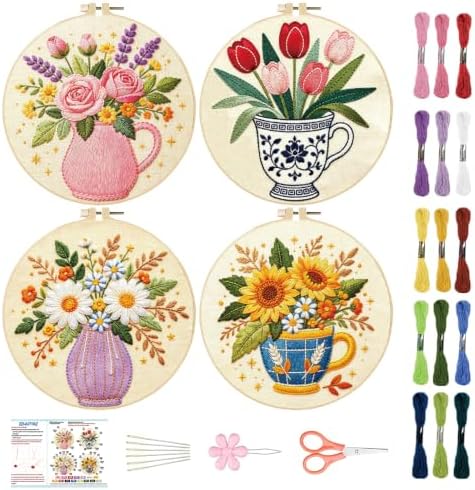 BEUNITONE 4 Set Embroidery Kits for Beginners, Flower Arrangement Design with Pre-Stamped Pattern Craft Kits Include Instruction and Hoops, 7.9x7.9 Needlepoint Kits for Festival Gifts and Home Decor by BEUNITONE