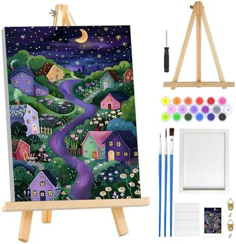 MOGTAA Starry Night Paint by Numbers Kit for Adults Beginners with Frame, House and Flowers Adult Paint by Number Kits on Canvas with Easel, Easy DIY Oil Painting Kits for Home Decor, 8x12in by MOGTAADIYHomeDecor