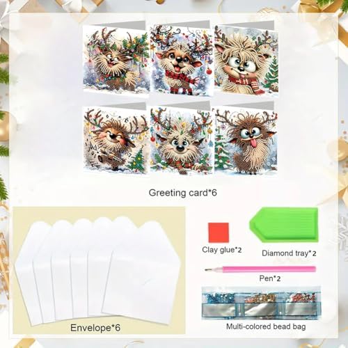 jinglinhh 6pcs Diamond Art Painting Christmas Scarf Reindeer Greeting Cards with Envelopes, DIY Card Making Kits for Adults, Diamond Art Postcards Christmas Cards Craft Gifts - Image 3