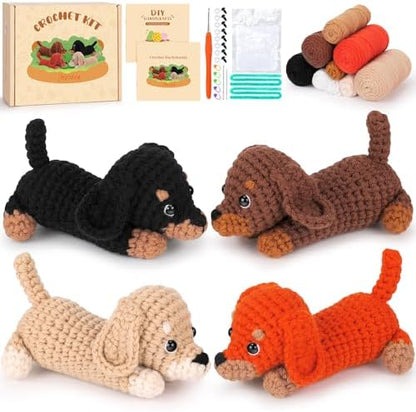 Crochet Kit for Beginners Adults, 4 PCS Dachshund Puppy Crochet Kits by FortuningsJDS