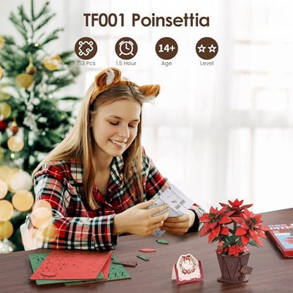 ROBOTIME 3D Wooden Poinsettia Puzzle - with Flower Pot Base, Adjustable Stem, Christmas Home Desk Decor, DIY Craft Kit for Adults - Image 3