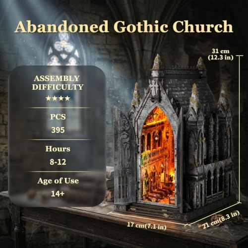 fifijoy Book Nook Kit for Adults - DIY Miniature Dollhouse kit with LED Light，3D Wooden Puzzle Mystical Booknook Tiny House Bookshelf Insert Decor, Gifts for Family, Friends (Abandoned Gothic Church) - Image 6