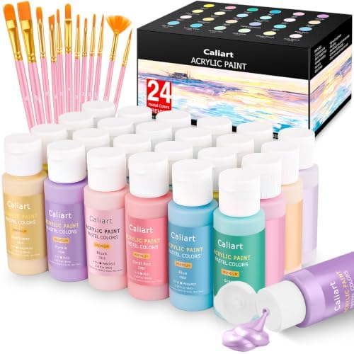 Caliart 24 Colors Pastel Acrylic Paint Set with 12 Brushes by Caliart