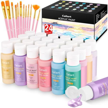 Caliart 24 Colors Pastel Acrylic Paint Set with 12 Brushes by Caliart