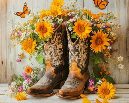 Paint by Numbers Kit for Adults, Cowgirl Boots Sunflower, 16 x 20 Inch by GEEHEIY