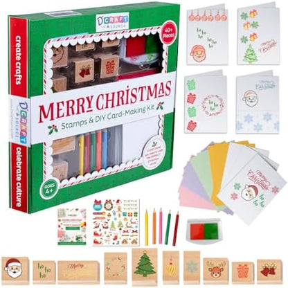 48 Piece Merry Christmas Craft Kit Wooden Stamp Set with Ink Pads Colored Pencils Stickers Cards Envelopes DIY Holiday Card Making Set for Kids Adults Classrooms Festive Family Fun by Unknown