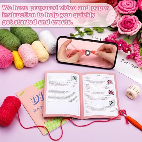 Iuuidu Crochet Kit for Beginners, Rose-Pink Flower Bouquet Crochet Kit - Image 3