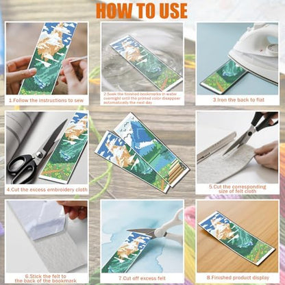 FREEBLOSS 6 Set Cross Stitch Bookmarks Kit Mountains&Rivers Stamped Cross Stitch Kit DIY Embroidery Bookmark Set with Instruction for Adults Beginners Gift for Reading Enthusiasts 8 * 2.4inch 11CT - Image 5
