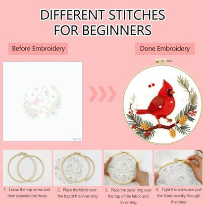 Zhenqing Cardinal Embroidery Kit for Beginners, Winter Red Bird Needlework Craft with Pre-Printed Cotton Fabric, Hoop, Threads & Tools, Holiday Decor (C0213) - Image 3