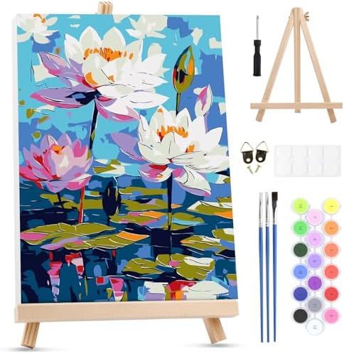 MXJSUA Water Lilies Framed Paint by Numbers for Adults Beginners, Easy Adults' Paint-by-Number Kits on Canvas with Easel, Acrylic Number Painting Crafts Gifts for Home Decor, 8x12 inch by MXJSUA-DiamondPaintingkits