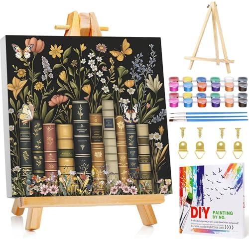 Framed Paint by Numbers Kit for Adults with Wooden Easel, Book, 16x16 inch by MANDUN