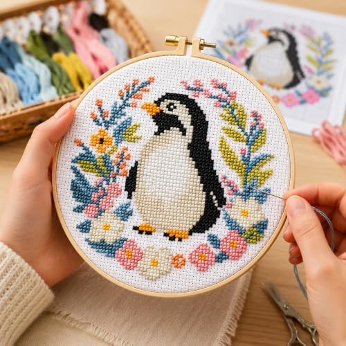 Zhenqing 4-Piece Animal Cross Stitch Kit for Beginners - Complete Set with Pre-Printed 11CT 24x24cm Fabric, Hoop & Tools (Penguin, Sloth, Cow, Deer Designs)(70405) - Image 3