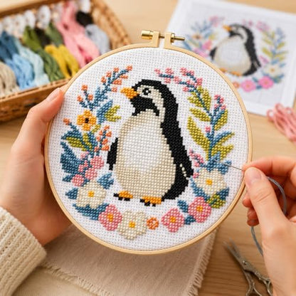 Zhenging Animal Cross Stitch Kit – 4 Pre-Printed Designs (Sloth, Bird, Penguin, Calf) with 11CT 9.45x9.45 Inch Fabric, Hoop, Scissors, Threader & Tools for Beginners & Adults - Image 3