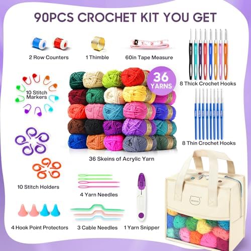 90Pc Portable Crochet Kit Suitable for Beginners & Professionals - Milky - Image 2