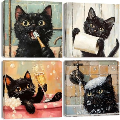 Clendo 4 Pack Black Cat Paint by Numbers Kit for Adults with Frame - Animals in Bathtub Adult Paint by Number Kit DIY Oil Painting Kits for Home Wall Decor 8x8 Inch by Clendo