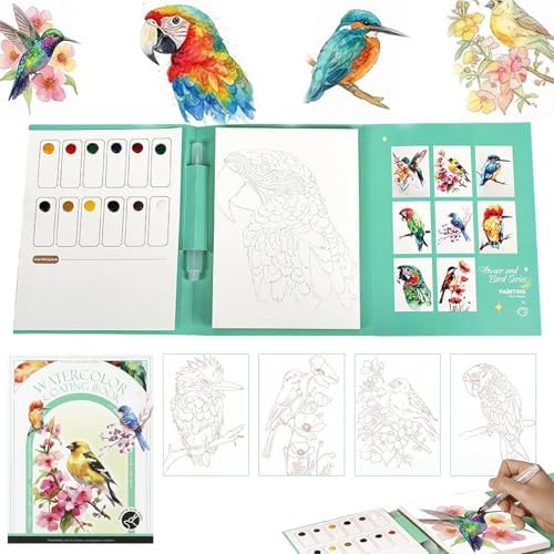 Travel Watercolor Kit for Adults & Beginners, Pocket 3-Fold Watercolor Coloring Book, All-in-One Creative Stress Relief Art Kit, Portable Watercolor Painting Books, Bird Theme by ElvesBeauty