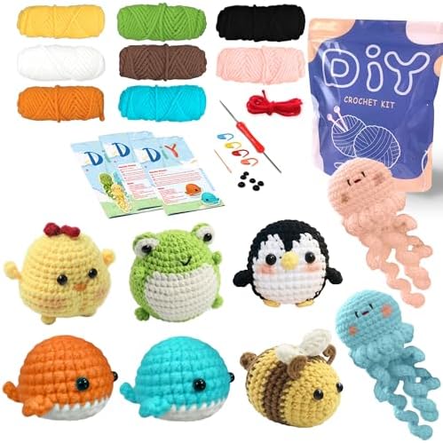 YAMAXIN Crochet Set for Beginners, for Complete Adults, Animal Crochet Hook Set for Beginners, Crochet Knitting Set with Video (8pcs Jellyfish, Chicks, Frogs, Penguins, Whales,Bees) by YAMAXIN