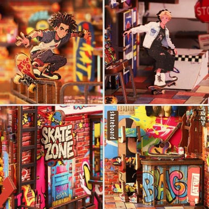 Miniature Book Nook Kit Cyberpunk Street Graffiti Skateboard DIY 3D Wooden Booknook for Adults and Book Lovers Bookshelf Insert Decor Creative Gift for Family Friends and Elderly - Image 5