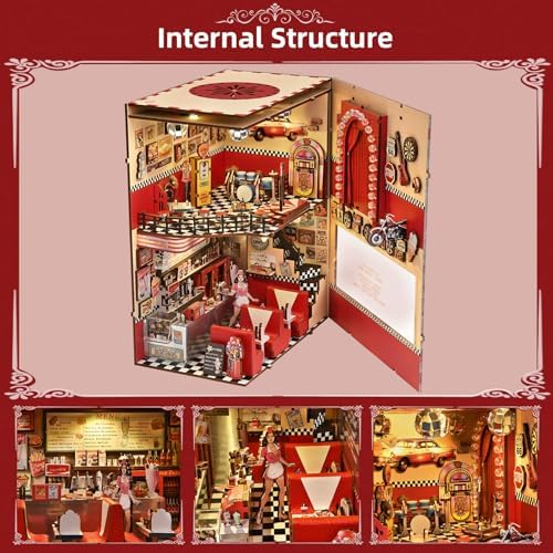 fifijoy Book Nook Kit - DIY Miniature Dollhouse for Adults and Teens, 3D Wooden Puzzle Booknook with LED Light, Retro Tiny House Bookshelf Insert Decor, Gifts for Family, Friends (1950s Diner) - Image 3