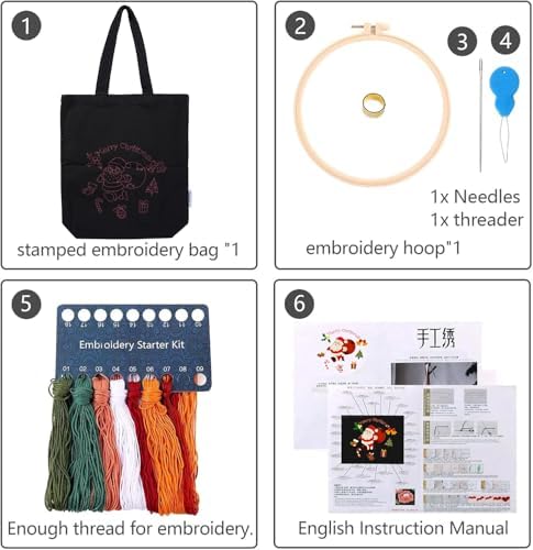 CREAWONDER Canvas Tote Bag Embroidery Kit with Pattern for Beginners, Arts and DIY Embroidery Crafts Kits for Adults, Include Instructions, Thimble, Embroidery Hoops, Color Threads and Tool - Image 4