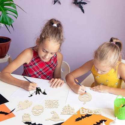80PCS Wooden Halloween Ornaments to Paint Fall Decorations,10 Styles DIY Blank Autumn Unfinished Wood Skull Pumpkin Ghost Bat Boo Trick or Treat Halloween Cutouts Ornament for Crafts Party Hanging - Image 6