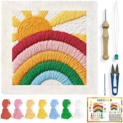 INFUNLY Rainbow Sun Punch Needle Kit for Adults Bohemian Punch Needle Embroidery Kits for Beginners 9.4''x9.4'' DIY Punch-Stitching Kit with Instruction Threader Needles Square Frame for Wall Decor by INFUNLY