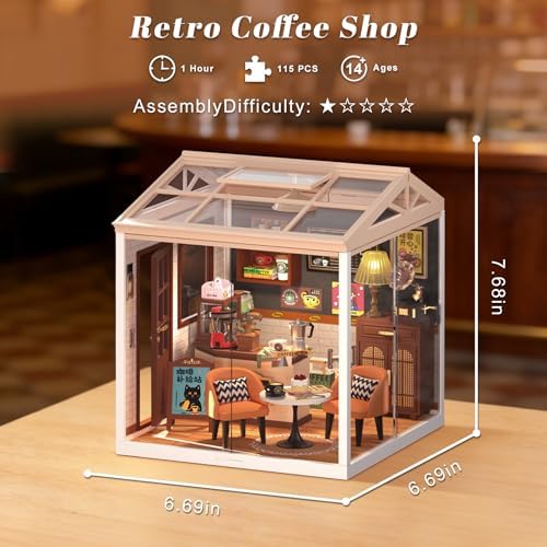 DIY Retro Coffee Shop Miniature House Kit, 115 Pieces Mini Dollhouse with Furniture & LED Light with Roof & Dust Covers Tiny House Toy for Adults - Image 2