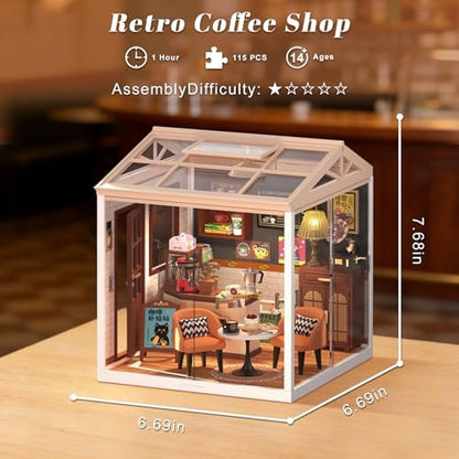 DIY Retro Coffee Shop Miniature House Kit, 115 Pieces Mini Dollhouse with Furniture & LED Light with Roof & Dust Covers Tiny House Toy for Adults - Image 2