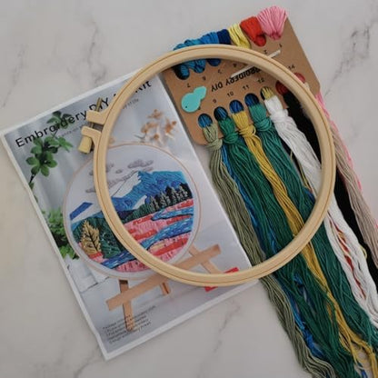 Esffaci Embroidery Starter Kit for Adult Beginner with Mountain Landscape Tree Flower Scenery Pattern Hand Embroidery Set with Embroidery Cloth Floss Hoop Needle Threader and Instruction - Image 2