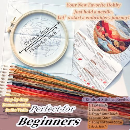 FONNUY Embroidery Kit for Beginners, Brightly Colored Landscape Lake Pre-Stamped Pattern Kits for Adults with Hoop, Easy to Follow Color Thread Needlework, 8'' Hoop (SkyBlue) - Image 5