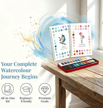 2Pcs Birds & Flowers Watercolour Set for Beginners, Complete Art Kit with 12 Paints, Brush & Sketch Pads, Pre-Sketched Book & Step-by-Step Guide for Adults & Teens - Image 5